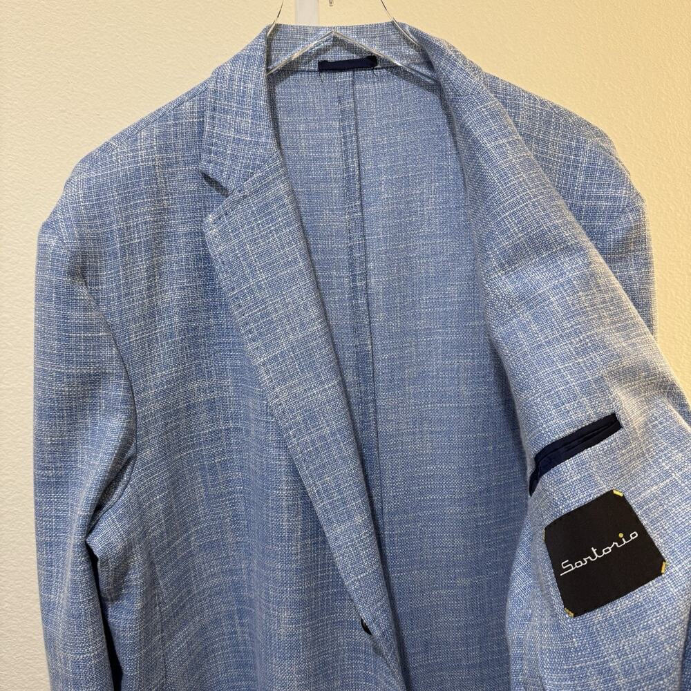 Santorio Blazer Light Blue Woven Silk Linen Wool US 52 (62) Kiton Patch Pocket